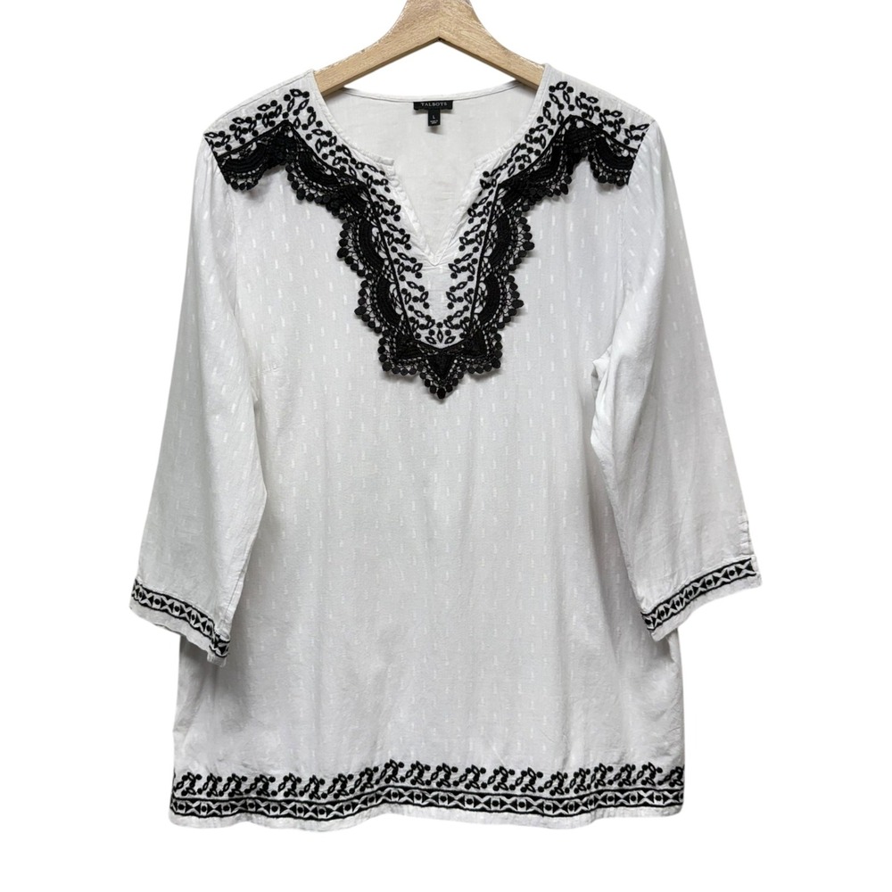 Talbots Tunic Top 3/4 Sleeve Sz L Embroidered Cotton Peasant Boho White Coastal